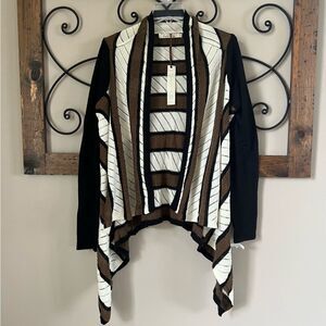Solitaire Ravi Khosla Open Front Soft Striped Mocha Neutral Cardigan Sweater M